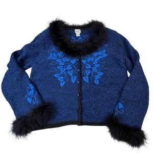 VTG Berek Blue Embroidered Cardigan Faux Fur Trim Art To Wear Jacket L